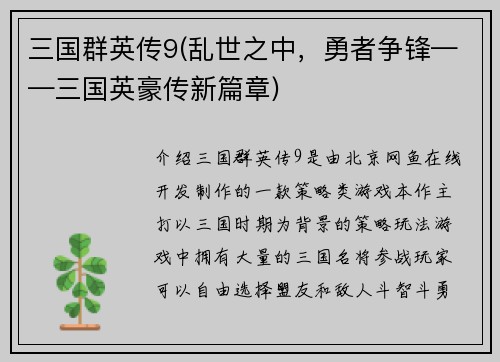 三国群英传9(乱世之中，勇者争锋——三国英豪传新篇章)